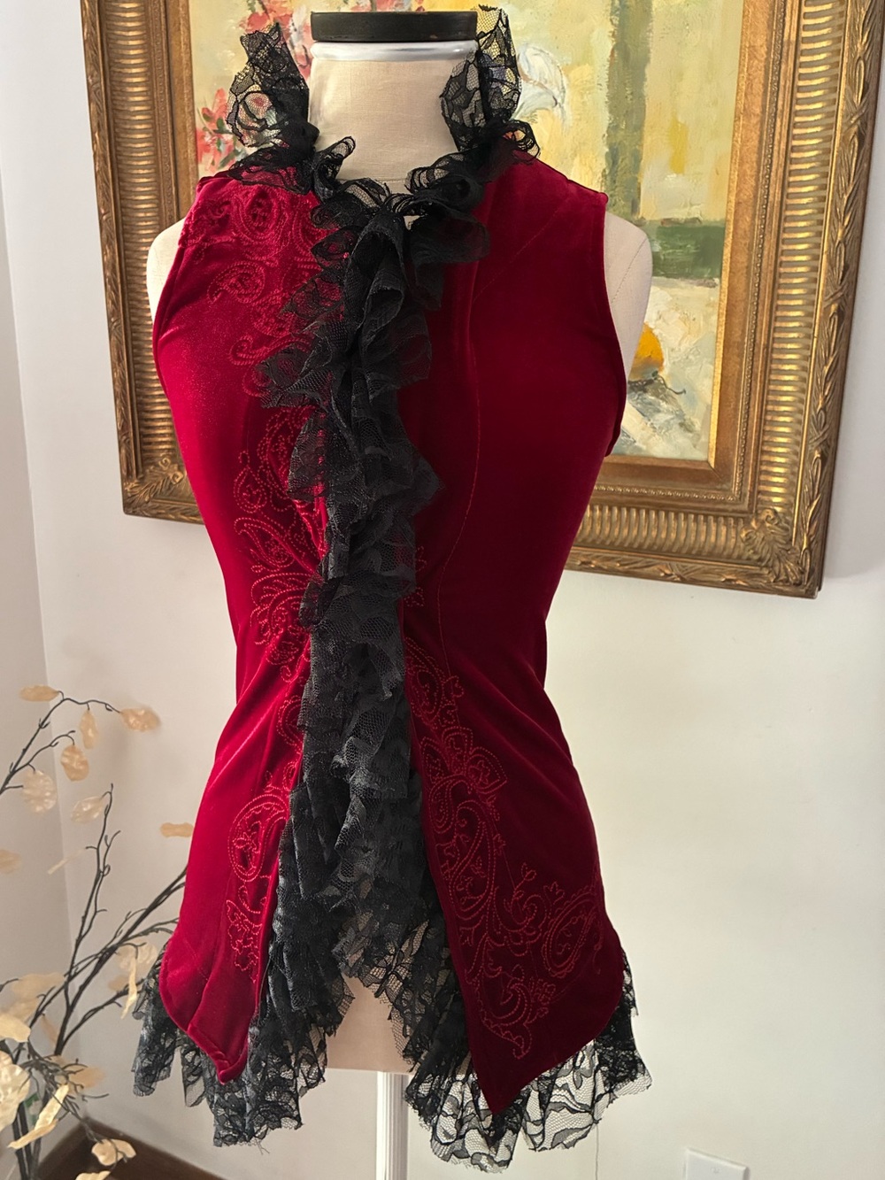 Handcrafted Red Velvet and Lace Vampirecore Vest Size Small
